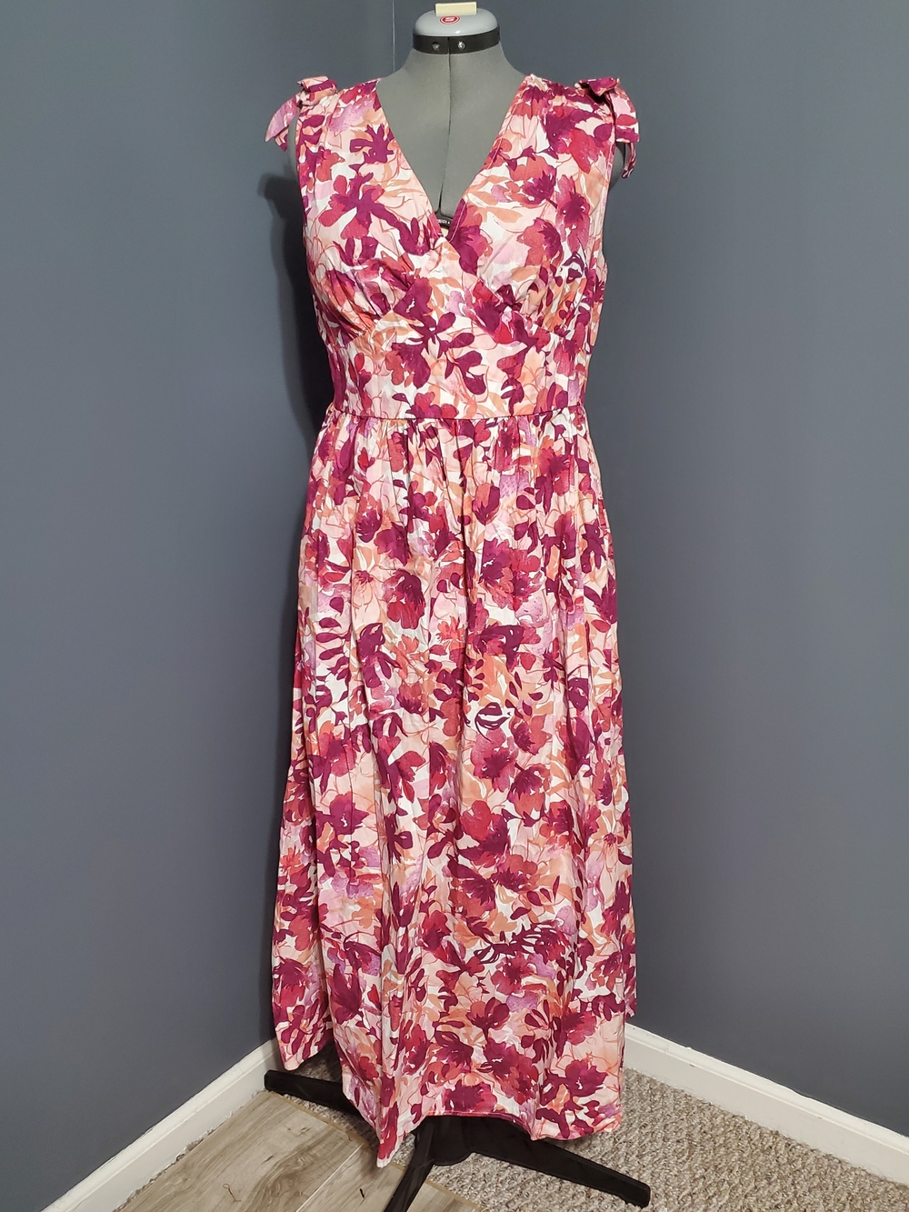 Chloe + Rene Floral Pink V-Neck Tie-Shoulder Maxi Dress Cotton Size Large
